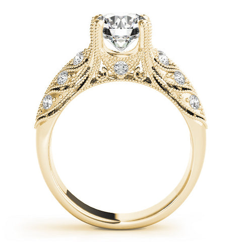 Yellow gold Round Cut Milgrain Pave Diamond Engagement Ring with Four-Prong Setting