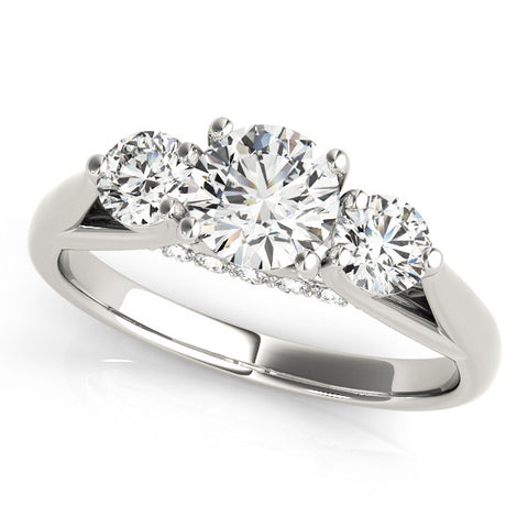 White gold Three-Stone Round Diamond Engagement Ring with Pavé Band and Prong Setting