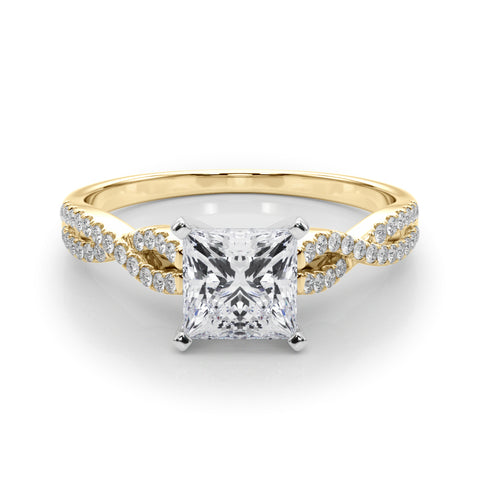 Yellow gold Princess Solitaire Twisted Pave Diamond Engagement Ring with Four-Prong Setting