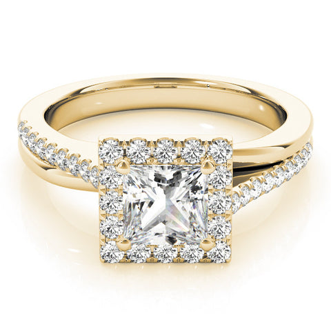 Yellow gold Princess Cut Halo Diamond Ring with Split Shank and Four-Prong Setting