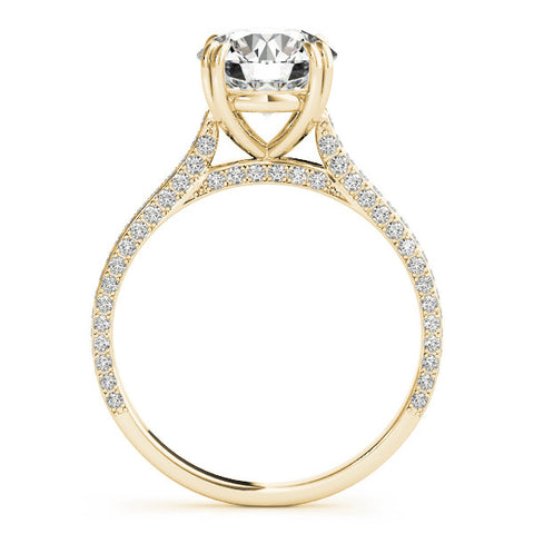 Yellow gold Round Diamond Solitaire with Pave Band and Six-Prong Setting