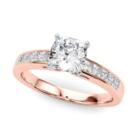 Rose gold Cushion Solitaire Diamond Ring with Channel-Set Band and Four-Prong Setting