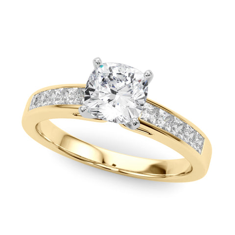 Yellow gold Cushion Solitaire Diamond Ring with Channel-Set Band and Four-Prong Setting