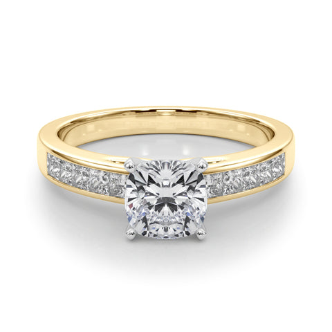 Yellow gold Cushion Solitaire Diamond Ring with Channel-Set Band and Four-Prong Setting