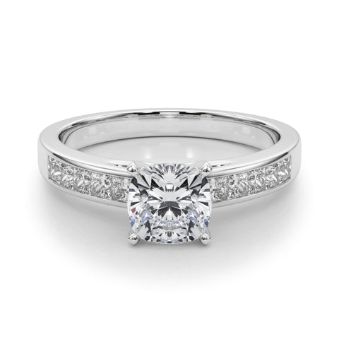 White gold Cushion Solitaire Diamond Ring with Channel-Set Band and Four-Prong Setting