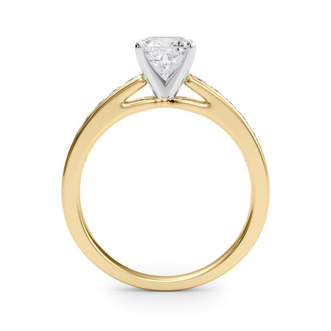 Yellow gold Cushion Solitaire Diamond Ring with Channel-Set Band and Four-Prong Setting