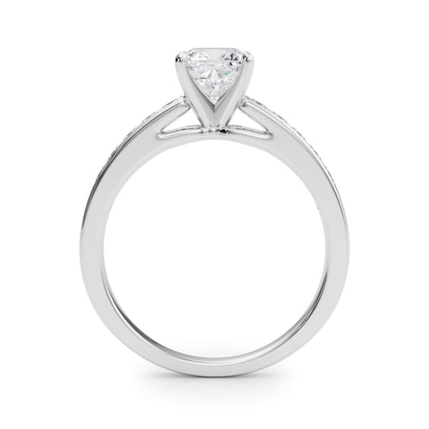 White gold Cushion Solitaire Diamond Ring with Channel-Set Band and Four-Prong Setting