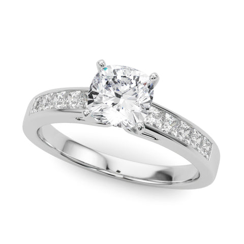 White gold Cushion Solitaire Diamond Ring with Channel-Set Band and Four-Prong Setting