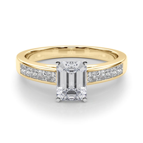 Yellow gold Emerald Solitaire Diamond Ring with Channel-Set Band and Four-Prong Setting