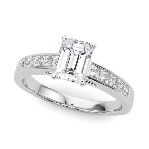 White gold Emerald Solitaire Diamond Ring with Channel-Set Band and Four-Prong Setting