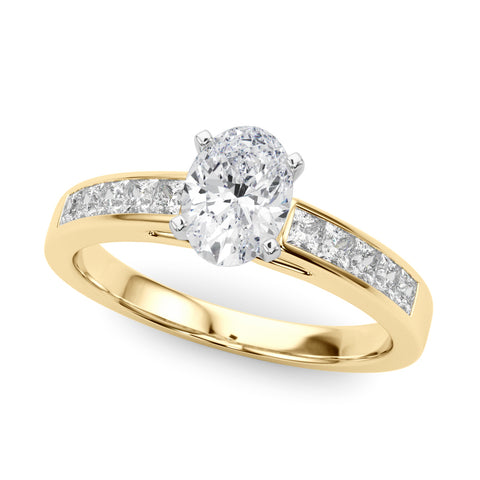 Yellow gold Oval Solitaire Diamond Ring with Channel-Set Band and Four-Prong Setting