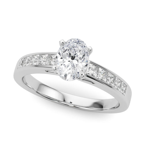 White gold Oval Solitaire Diamond Ring with Channel-Set Band and Four-Prong Setting