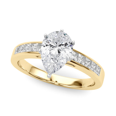 Yellow gold Pear Solitaire Diamond Ring with Channel-Set Band and Four-Prong Setting