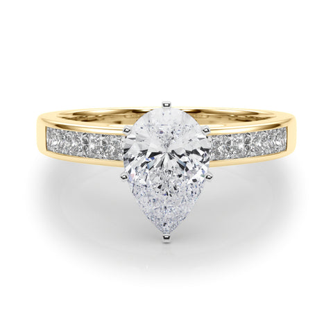 Yellow gold Pear Solitaire Diamond Ring with Channel-Set Band and Four-Prong Setting