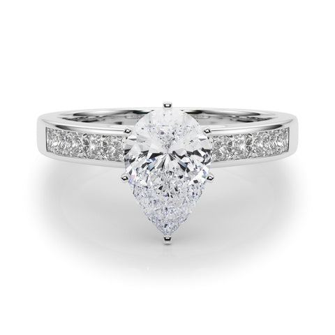 White gold Pear Solitaire Diamond Ring with Channel-Set Band and Four-Prong Setting