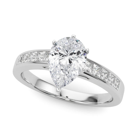 White gold Pear Solitaire Diamond Ring with Channel-Set Band and Four-Prong Setting