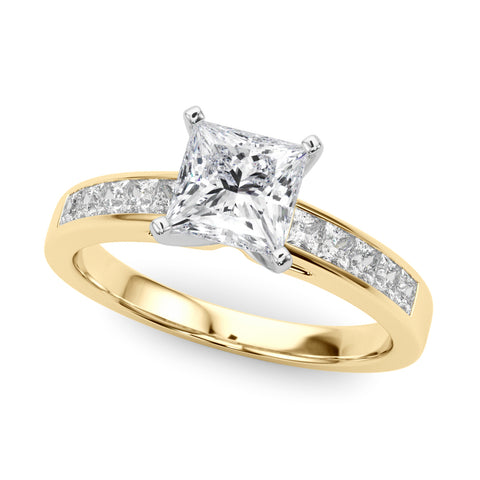 Yellow gold Princess Solitaire Diamond Ring with Channel-Set Band and Four-Prong Setting