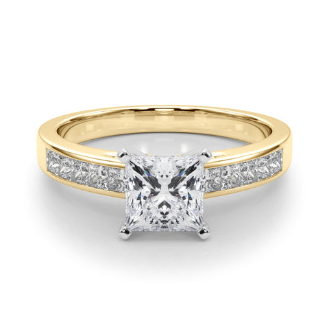 Yellow gold Princess Solitaire Diamond Ring with Channel-Set Band and Four-Prong Setting