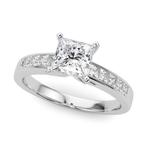 White gold Princess Solitaire Diamond Ring with Channel-Set Band and Four-Prong Setting