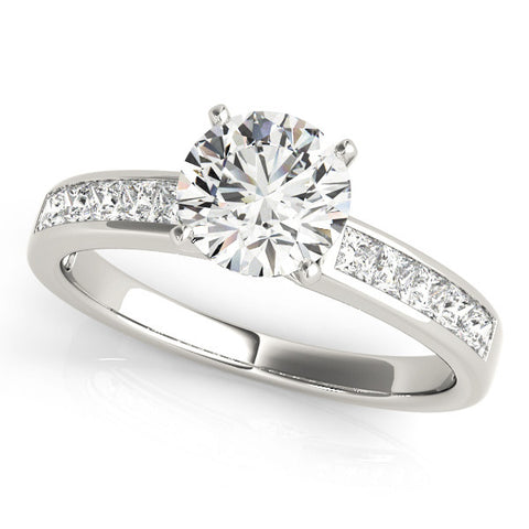 White gold Round Solitaire Diamond Ring with Channel-Set Band and Four-Prong Setting