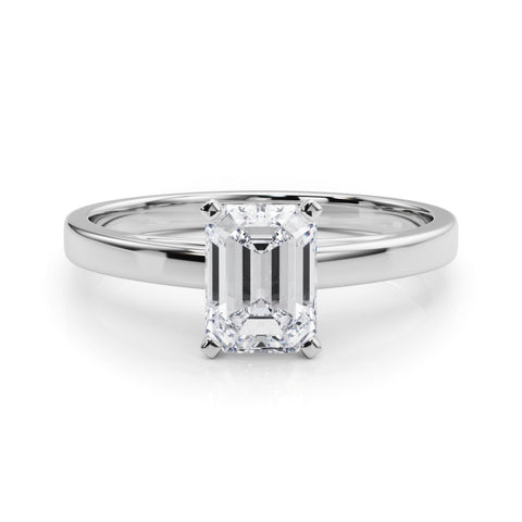 White gold Emerald Solitaire Diamond Engagement Ring with Four-Prong Setting on a Classic Band