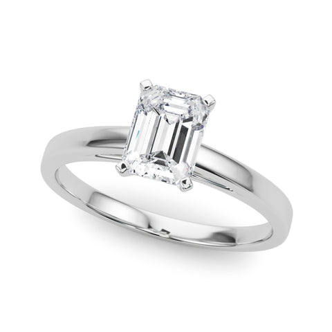 White gold Emerald Solitaire Diamond Engagement Ring with Four-Prong Setting on a Classic Band