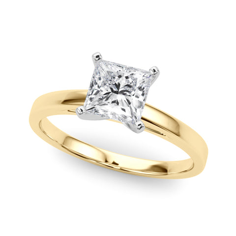 Yellow gold Princess Solitaire Diamond Engagement Ring with Four-Prong Setting on a Classic Band