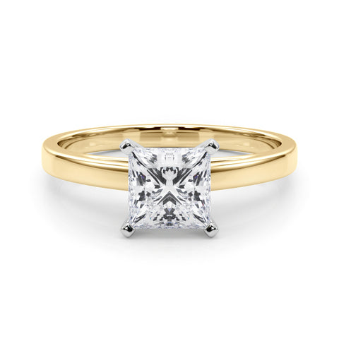 Yellow gold Princess Solitaire Diamond Engagement Ring with Four-Prong Setting on a Classic Band