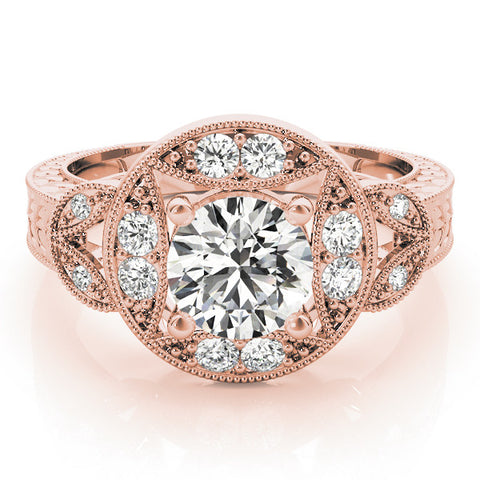 Rose gold Round Halo Milgrain Diamond Engagement Ring with Leaf Band and Four-Prong Setting
