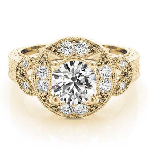 Yellow gold Round Halo Milgrain Diamond Engagement Ring with Leaf Band and Four-Prong Setting