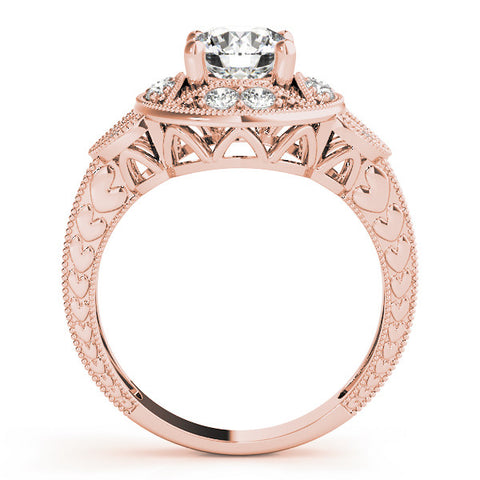 Rose gold Round Halo Milgrain Diamond Engagement Ring with Leaf Band and Four-Prong Setting