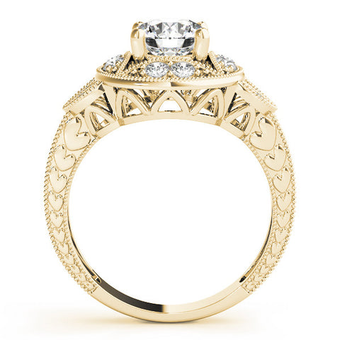 Yellow gold Round Halo Milgrain Diamond Engagement Ring with Leaf Band and Four-Prong Setting