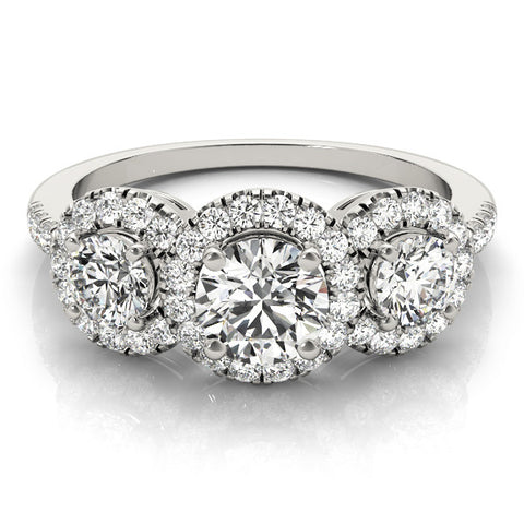 White gold Three-Stone Round Halo Diamond Ring with Pave Band and Prong Setting