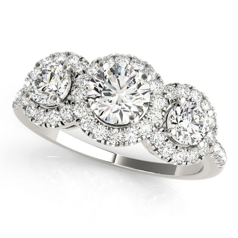 White gold Three-Stone Round Halo Diamond Ring with Pave Band and Prong Setting