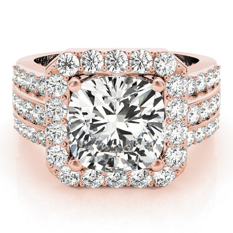 Rose gold Cushion-Cut Halo Diamond Ring with Split Shank and Four-Prong Setting