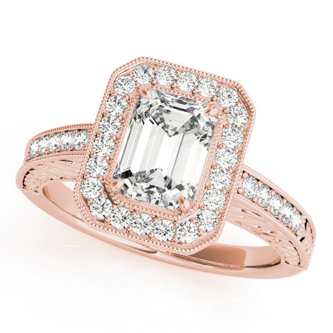 Rose gold Emerald Cut Halo Diamond Ring with Pavé Band and Four-Prong Setting