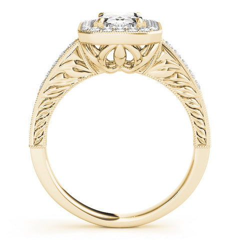 Yellow gold Emerald Cut Halo Diamond Ring with Pavé Band and Four-Prong Setting