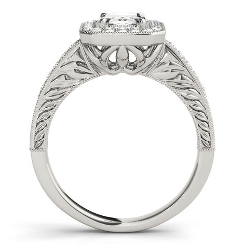 White gold Emerald Cut Halo Diamond Ring with Pavé Band and Four-Prong Setting