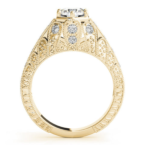 Yellow gold Round Brilliant Milgrain Pave Split Shank Hexagon Prong Setting Ring