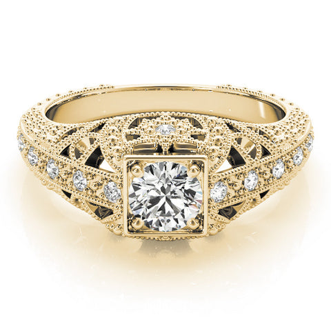 Yellow gold Round Brilliant Milgrain Filigree Diamond Ring with Square Prong Setting