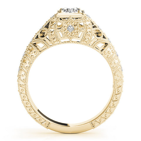 Yellow gold Round Brilliant Milgrain Filigree Diamond Ring with Square Prong Setting
