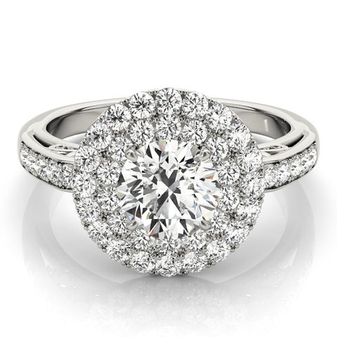 White gold Double Halo Round Diamond Pave Band Prong Setting Ring