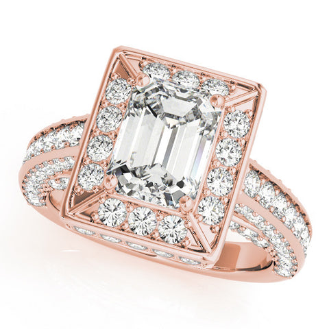Rose gold Emerald Cut Halo Pave Split Shank Prong Setting Ring