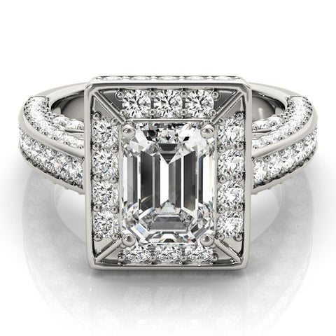 White gold Emerald Cut Halo Pave Split Shank Prong Setting Ring