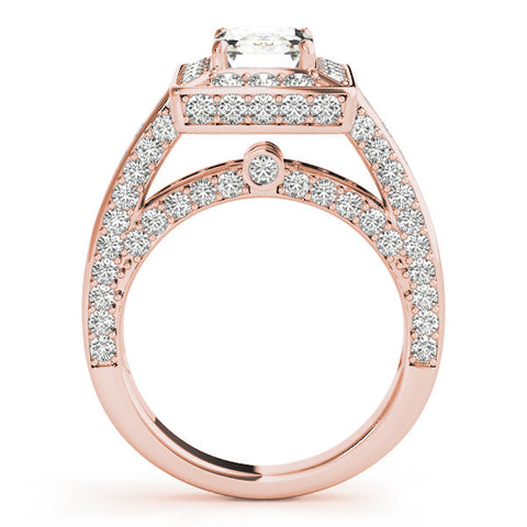 Rose gold Emerald Cut Halo Pave Split Shank Prong Setting Ring