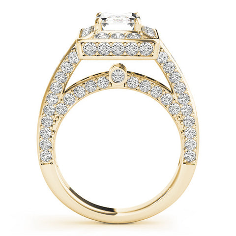 Yellow gold Emerald Cut Halo Pave Split Shank Prong Setting Ring