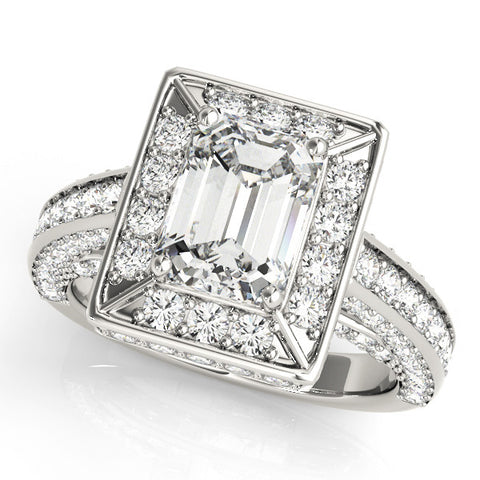 White gold Emerald Cut Halo Pave Split Shank Prong Setting Ring