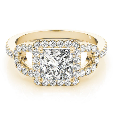 Yellow gold Princess Cut Halo Split Shank Diamond Ring with Four-Prong Setting