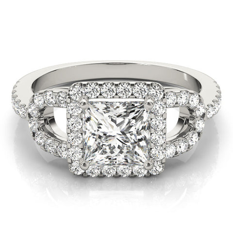 White gold Princess Cut Halo Split Shank Diamond Ring with Four-Prong Setting