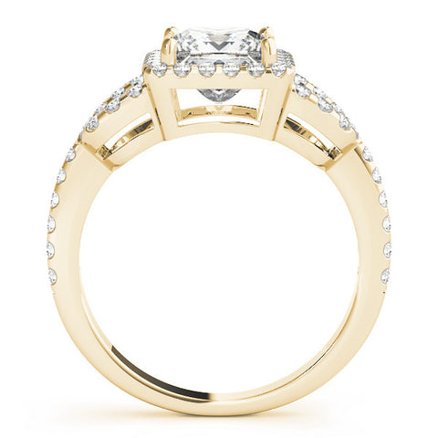 Yellow gold Princess Cut Halo Split Shank Diamond Ring with Four-Prong Setting